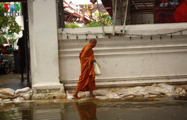 Một nhà sư đi giữa vùng nước ngập (Ảnh chụp tại chùa ven sông Chao Phraya)